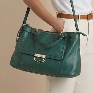 Y2K B. Makowsky Green Leather Satchel Shoulder Bag Gold Hardware Leopard Lining